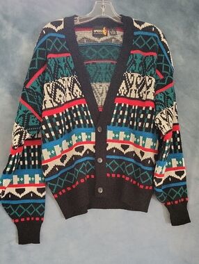 Sasson Cardigan Sweater Colorblock Geometric Print Men's Large 1980s VTG